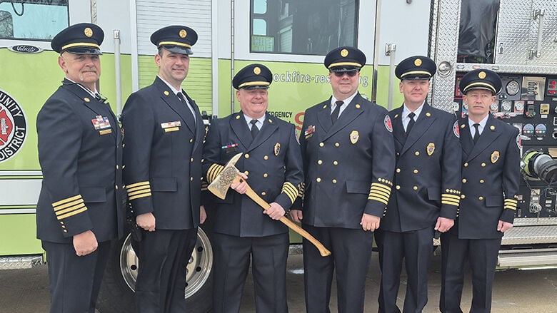 From left, Rock Community Fire Protection District’s Mike Shafferkoetter, assistant chief of operations; Matthew Ham, assistant chief of administration; Chuck Hill, assistant chief; Kevin Wingbermuehle, chief; Patrick Smith, division chief medical offic...