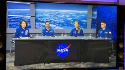 The four-member Crew-12 set to blast off to the International Space Station are (L to R) NASA astronauts Jessica Meir and Jack Hathaway, European Space Agency astronaut Sophie Adenot, and Roscosmos cosmonaut Andrey Fedyaev