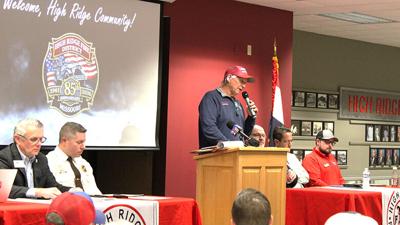 Councilman Brian Haskins (District 1, High Ridge) speaks about Hwy. 30 safety improvements to a crowd of more than 230 people.