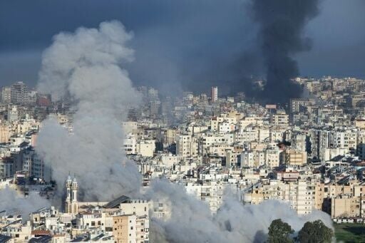 Plumes of smoke rise from the sites of Israeli airstrikes on the southern suburbs of Beirut on March 3, 2026