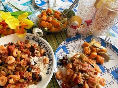 Southwest Shrimp Dinner, Sweet Potato Avocado Salad