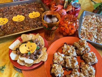 Cheesy Chili Casserole, Candy Corn and Peanut-Topped Brownies