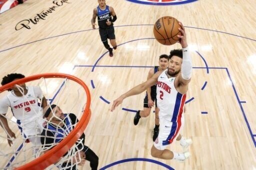 Detroit's Cade Cunningham flies to the basket past Tristan da Silva in the Pistons' victory over the Orlando Magic in game two of their NBA playoff series