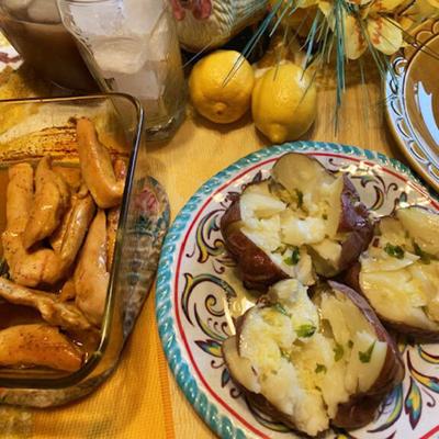 Honey-Mustard Chicken, Smashed Potatoes with Lemon-Garlic Sauce