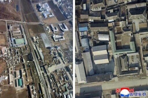 These images taken on January 4, 2026 and released as a combo image by North Korea's official Korean Central News Agency (KCNA) via KNS on January 10, 2026 shows an aerial view of Kaesong city, which North Korea claims is footage taken retrieved from a ...