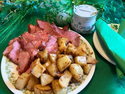 Honey-Garlic Glazed Corned Beef, Oven-Roasted Potatoes