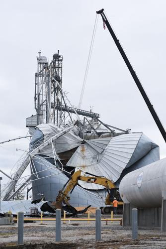 A grain silo damaged from Monday’s storm is shown