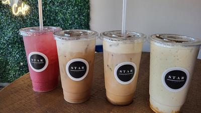 From left, a large harvest moon energy drink, pumpkin spice latte, maple cinnamon cold brew and pumpkin cheesecake protein shake from Star Cafe in Imperial.