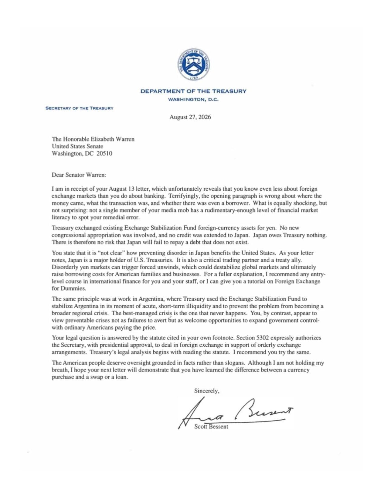 FNF - NC - Letter Sec'y Bessent to Warren