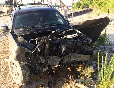 A Jeep Cherokee was struck by a train in Sulphur Springs this morning.