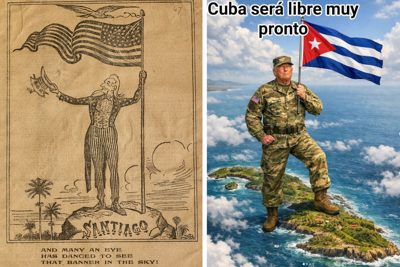 Cuba's American liberators, depicted on the left in a political cartoon from 1898 and on the right in an AI image.