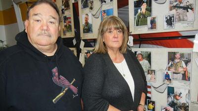 Mike and Brenda Habsieger of Festus visit the veterans memorial featuring their late son, Andy Habsieger. The memorial is on display at Festus Middle School.