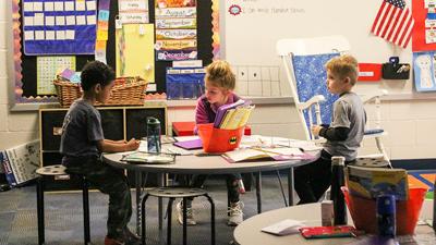 Students at Geggie Elementary School do some learning in the new addition.