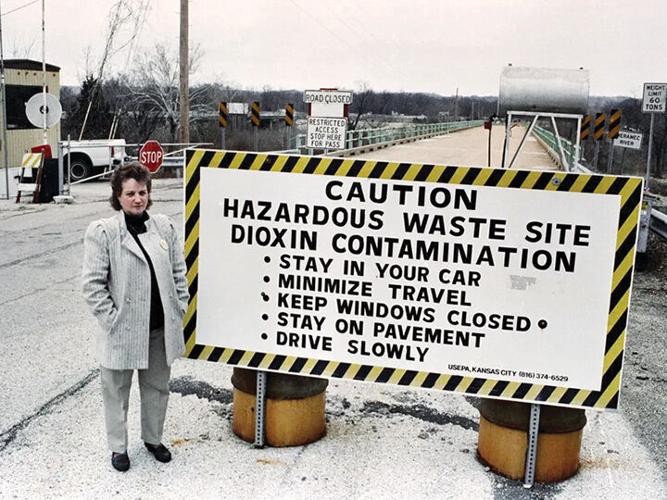 Former Times Beach Mayor Marilyn Leistner at the entrance to town in 1991.