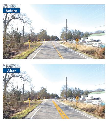 Before and after: The Missouri Department of Transportation plans to widen centerline marking throughout two curves on Hwy. 30.