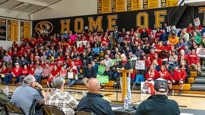 Andrew Shelley of Festus spoke against data centers at the City Council meeting Monday in the Festus High School gym.