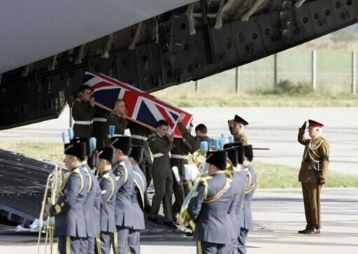 The coffin containing Joseph David Windall of the British Royal Marines arrived at a base in Scotland on September 12, 2006 after he was one of 14 British servicemen killed in Afghanistan in an air crash