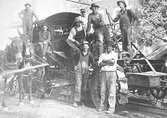 Jim Almany’s great-uncle Joe Murphy with a crew and team of mules on a construction site.