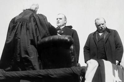 President Grover Cleveland, right, looks down during William McKinley's presidential inauguration in 1897. Two years earlier, Cleveland's political party suffered the biggest defeat in U.S. history during the 1894 midterms.