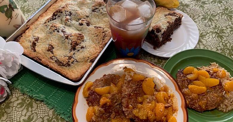 My Leader Yummy: Upside Down German Chocolate Cake and Cubed Pork Cutlets and Mandarin Oranges