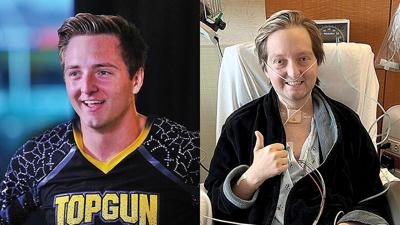 A healthy Walker, before he took up vaping, and Walker shortly after receiving a double lung and kidney transplant in 2022.