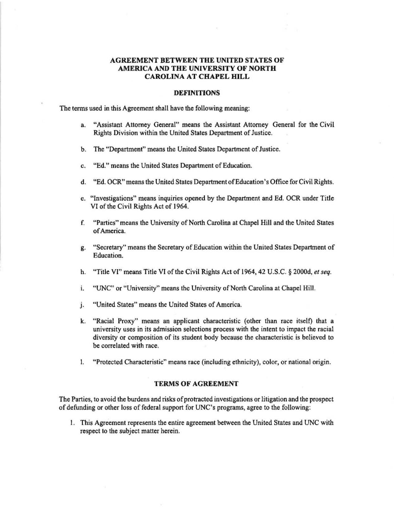 FNF - NC - Lawsuit Settlement USA v UNC Chapel Hill