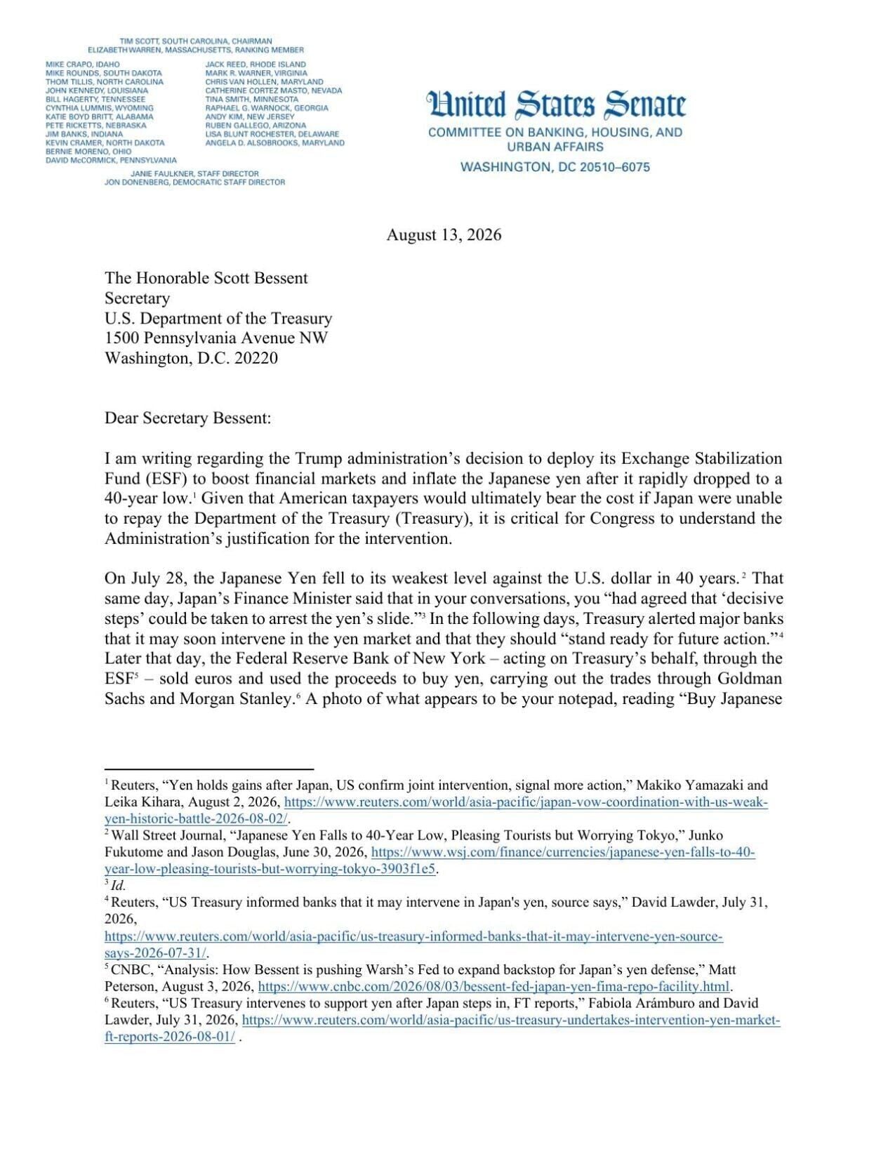 FNF - NC - Letter Sen. Warren to Sec'y Bessent