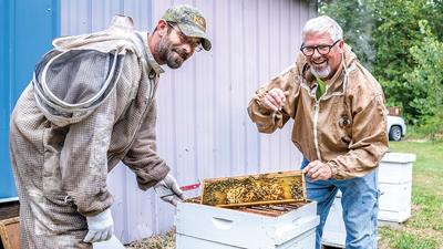 From left, Jesse Birkenmeier of Hillsboro and John Kitchell of De Soto, who each has more than 10 years of experience in beekeeping, pulled a tray from one of their hives.