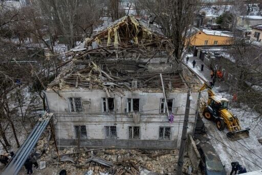 An aerial picture shows a damaged residential building following an overnight Russian drone attack on Odesa