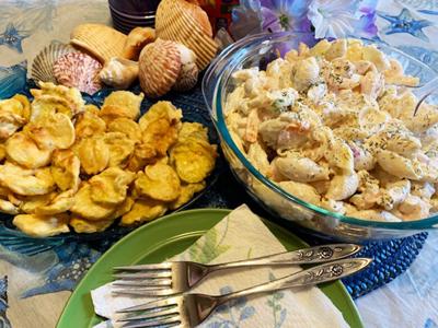 Hearty Macaroni Salad, Fried Dill Pickle Chips