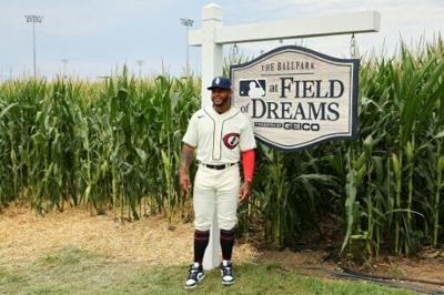 Nelson Velazquez of the Chicago Cubs poses for a photo at the Field of Dreams