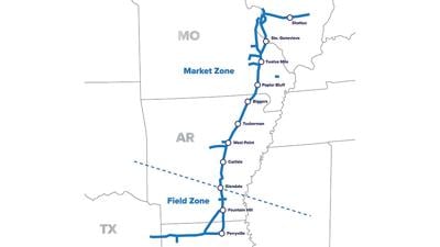 Natural gas pipelines run from supply fields in Arkansas and Texas to the St. Louis metropolitan area, with laterals stemming off at several locations.