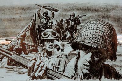 A drawing that appeared in an edition of Stars and Stripes depicts American troops participating in the predawn attack on Omaha Beach during D-Day on June 6, 1944.