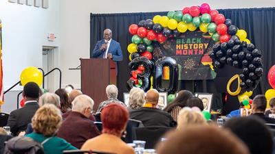 Alvin Riney, president of the Cultural Diversity Committee, speaks at the 30th annual Black History Luncheon in Imperial.