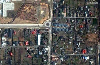 One of the satellite images released by Maxar Technologies on in 2022 which helped rebut Russian assertions that dead bodies in civilian clothing found in Bucha had appeared there after Russian forces retreated from the devastated Ukrainian town