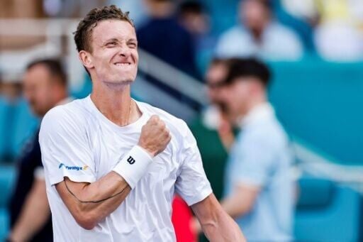 Czech Jiri Lehecka celebrates after beating France's Arthur Fils to reach the ATP Miami Open final