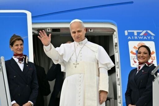 Pope Leo XIV boards his plane heading to Algiers at Rome's Fiumicino airport
