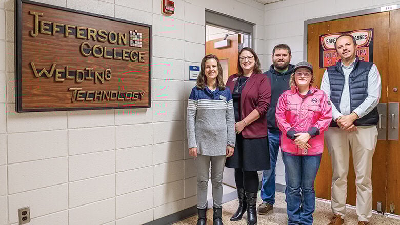 From left are Maryanne Angliongto, associate dean of math, physics and technology; Samantha Roberson, MoSEPWork grant lead; Lucas Carter, welding instructor; Majors and Dino Fejzic, Leonardo DRS senior human resources manager.