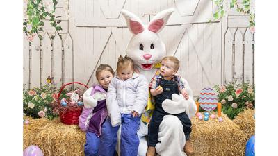 From left, Aubrey Loveless, then 5, Natalie Loveless, then 3, and Tatum Garner, then 18 months, all from De Soto at the 2024 Hillsboro Annual Easter Egg Hunt.