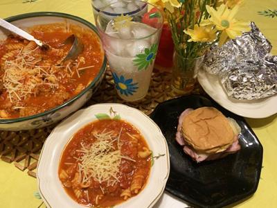 Meatball Pasta Soup, Hot Ham ‘N’ Cheese Sandwiches