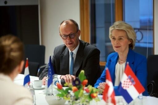 German Chancellor Friedrich Merz (L) and EU Commission President Ursula von der Leyen (R) back the Russian asset plan