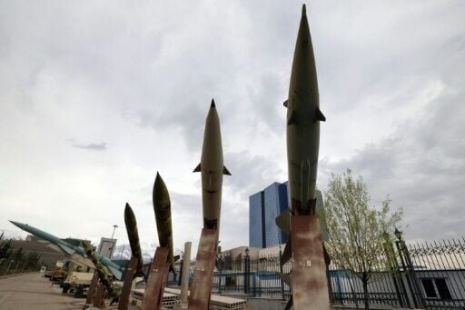 Mockups of Iranian missiles on display at an exhibition outside the Defence Museum in Tehran