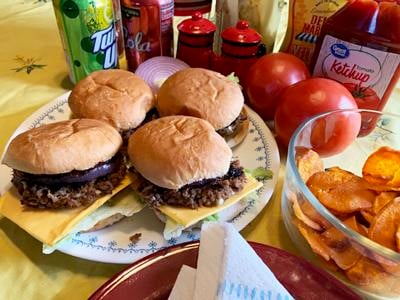Blue Cheese Burgers, Sweet Potato Chips