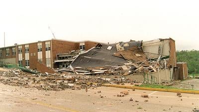 The 2003 tornado caused damage to the De Soto Junior High School gymnasium