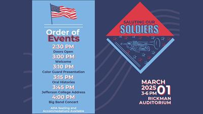 Saluting our Soldiers will begin at 3 p.m. Saturday, March 1, at Rickman Auditorium, 747 Jeffco Blvd., in Arnold.