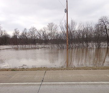 Floodwater from the Meramec River approaches I-55 north of Arnold