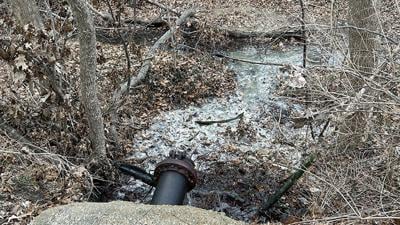 Discharge from the outfall pipe in Byrnes Mill Farms on Jan. 8. Maher said the “grey water and white biological growth (are) indicative of poor wastewater treatment.”