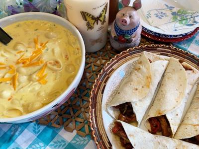 Macaroni and Cheese Soup, Barbecued Pork Fajitas