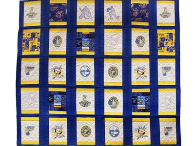 A portion of the St. Louis Blues-themed quilt that will be auctioned for the upcoming Pony Bird fundraiser.