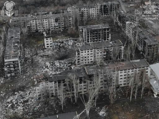 Heavily damaged residential buildings in the frontline town of Kostyantynivka, Donetsk region, in a photo released by the National Police of Ukraine on December 12, 2025